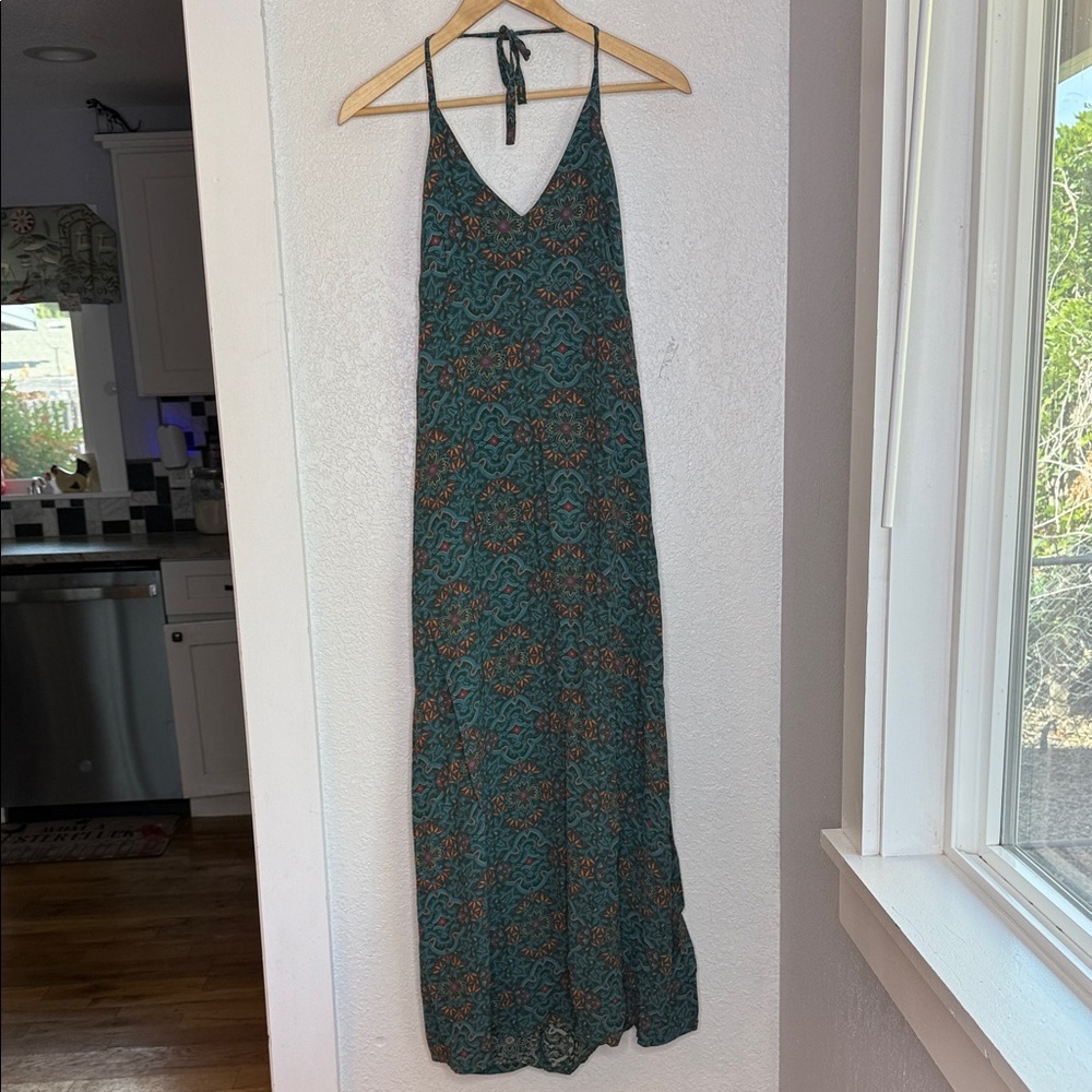 Vintage GAP Boho Halter Maxi Dress 10 Teal Floral Medallion Print 90s Rayon